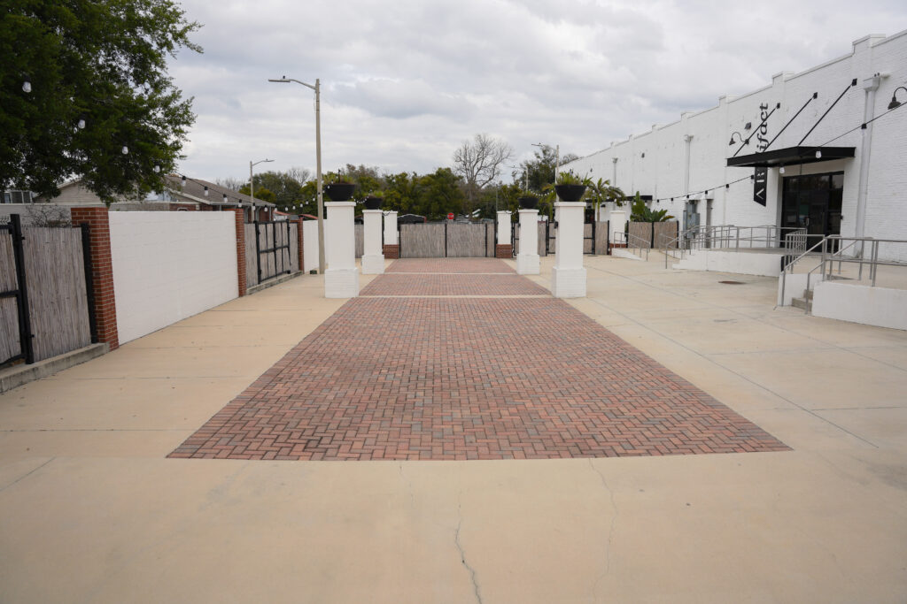 Courtyard with burgandy brick
 